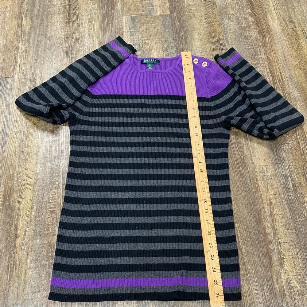 Lauren Ralph Lauren Purple and Black Striped Sweater‎ 3 Shoulder Gold Buttons XL